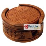 Wooden Handmade Coaster Set of 6 with Minute Intense Carving with Decorative Holder | Tabletop Coasters for Tea Coffee Cups Mugs Beer Cans Bar Glass