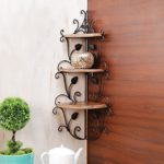 Wooden and Wrought Iron Antique Floating Corner Wall Shelf, Wall Bracket for Living Room, Office Wall