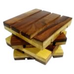 Wooden Handmade Coaster Set of 4 - Decorative Coaster with Yellow and Brown Stripe, Mango and Rose Wood- 3.5 Inches
