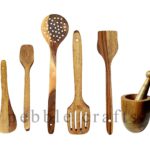 CRAFTYKART Handmade Wooden Cooking Spoons and Serving Spoon Non Stick Set of 5 with Wooden Mortar and Pestle Set