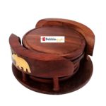 CRAFTYKART Wooden Round Drink Coasters Set of 6 with Elephant Brass Work | Tabletop Coasters for Tea Coffee Cups Mugs Glass for Office Home | House Warming | Birthday | Return Gifts