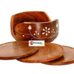 Wooden Round Drink Coasters Set of 6 with Decorative Holder | Tabletop Coasters for Tea Coffee Cups Mugs Beer Cans Bar Glass for Office Home