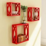 Wooden Wall Shelf | Cube Design Wall Mounted Shelves for Living Room - Set of 3 (Red)