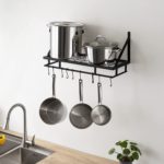 Wrought-Iron Decorative Wall Mounted Storage Hanging Multipurpose Pots and Pan Rack/Shelf Organizer for Kitchen Cookware, Utensils, Pans, Books, Bathroom (Black)