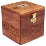 CRAFTYKART Wooden Money Bank Square shape with intense carving, Coin Holder, Piggy Bank (Brown)