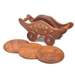 PEBBLE CRAFTS Wooden Handmade Trolley Shaped (Brass) Set of 6 with Decorative Holder Tabletop Coasters for Tea Coffee Cups Mugs Beer Cans Bar Glass Indian Handicrafts