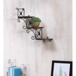 Wood And  Wrought Iron Decorative Wall Hanging Shelf Stair shaped (55 x 15 x 45 cm, Black)
