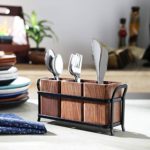 CRAFTYKART Wooden Cutlery Holder for Dining Table with 3 Wooden jar and one Wrought Iron Stand (Black and Brown)