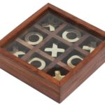 Tic tac Toe - Wooden Family Board Game Metal Naughts & Crosses Storage Box with Glass Lid -Unique Table/Desk/Floor/Indoor Game