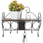 Wooden And Wrought Iron  Wall Shelf  for Living Room with Key Hanger | Brown