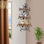 Wooden and Wrought Iron Corner Wall Shelf For Living Room