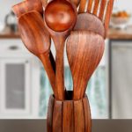 Pebble Crafts Wooden Spoon Set with Barrel Shaped Spoon Holder/Stand Set of 8(7spoons+1 Holder/Stand)