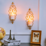 CRAFTYKART Candle Sconces Wall Decor Set of 2 Decorative Gold Wall Mounted Candle Holder for Pillar Candles Hanging Metal Wall Decorations for Living Room Bedroom