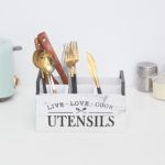 CRAFTYKART Rustic Utensil and Napkin Holder with Metal Handles Silverware Caddy Farmhouse Wooden Flatware Organizer Cutlery Crock Storage for Kitchen Decor Countertop