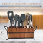 CRAFTYKART Utensil Caddy Silverware Cutlery Holder with 3 Compartment , Wooden Utensil Crock Flatware Organizers with Metal Tray , Rustic Kitchen Utensil Organizers Storage Box