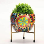 CRAFTYKART Printed Plant Pot with Decorative Metal Stand Indoor Plants Pots | Rust Free Metal Planter for Living Room, Balcony and Garden Decor (Yellow Mix)