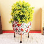 CRAFTYKART Printed Plant Pot with Decorative Metal Stand Indoor Plants Pots | Rust Free Metal Planter for Living Room, Balcony and Garden Decor (Light Pink)