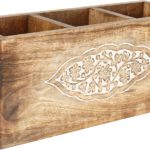 CRAFTYKART Hand Carved Wooden Kitchen Utensil Holder With 3 Compartments Wood Utensil Organizer for Cutlery, Napkins, Cups Caddy Organizer | 12 X 4 X 5 Inch