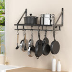 CRAFTYKART Wall Mounted Pot Rack Kitchen 16 Inch Hanging Storage Organizer Wall Shelf with 10 S Hooks Matte Black