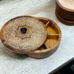 CRAFTYKART Designer Wooden Masala Spice Box With 7 Partitions and a Spoon in Round Design - 10 inch Container with Lid Preimum Decorative organizer